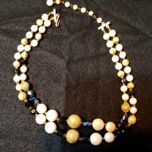 Mid-Century Vintage Double-Strand Cream, White & Black Beaded Choker Necklace